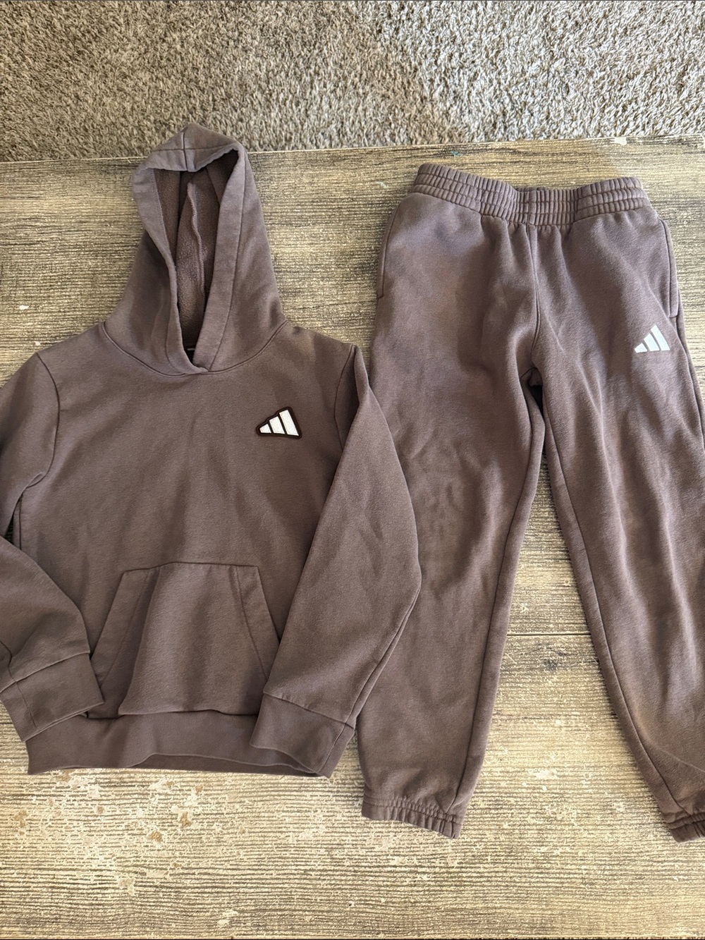 Adidas big boys brown sweatsuit - hoodie and sweatpants.
